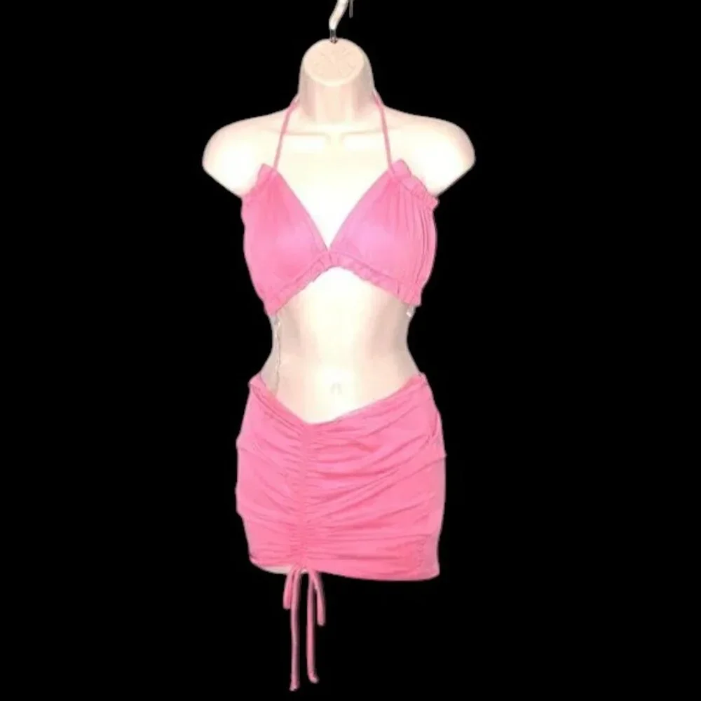NWOT May Pink Mini Skirt Set Halter Top Ruched Skirt 2PC - Picture 1 of 10